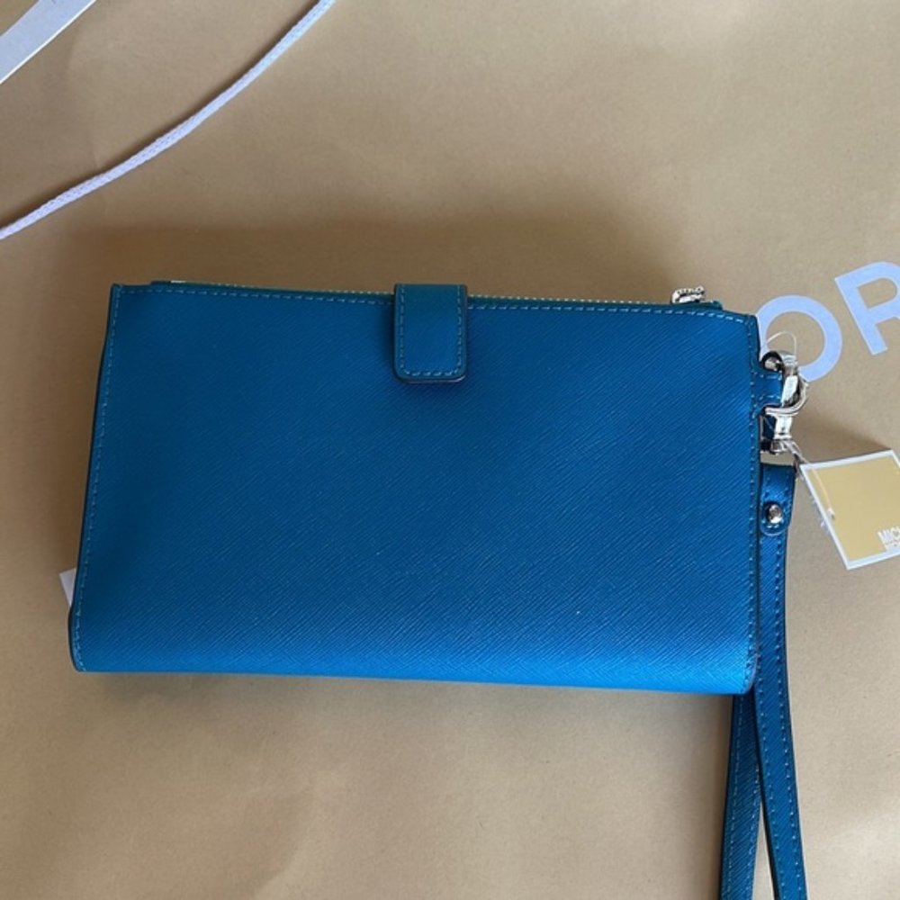 Michael Kors Large Double Zip Leather Wallet Wristlet Phone Case Lagoon - Picture 12 of 16